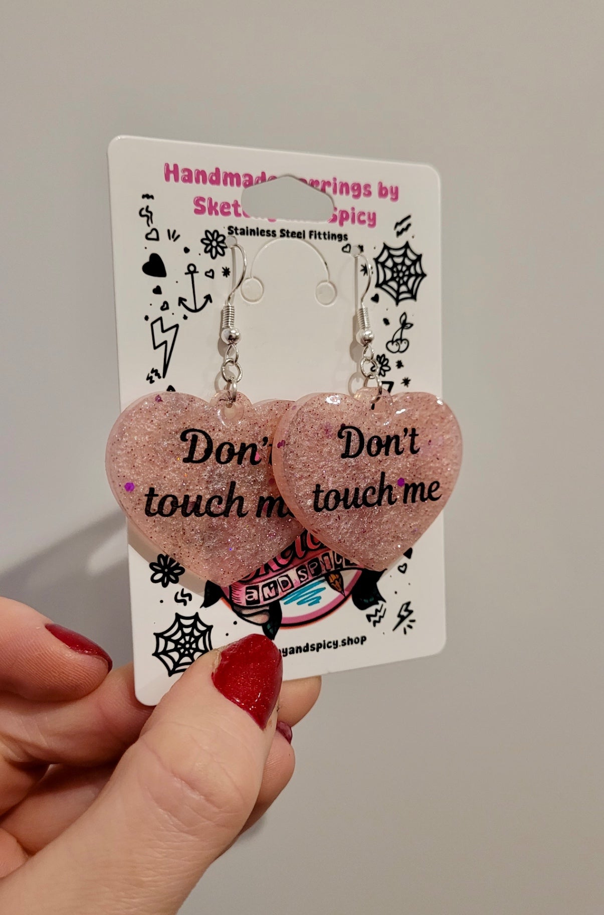 Don’t Touch Me Heart Earrings – Pale Pink Glitter Resin - Shepherd Hooks