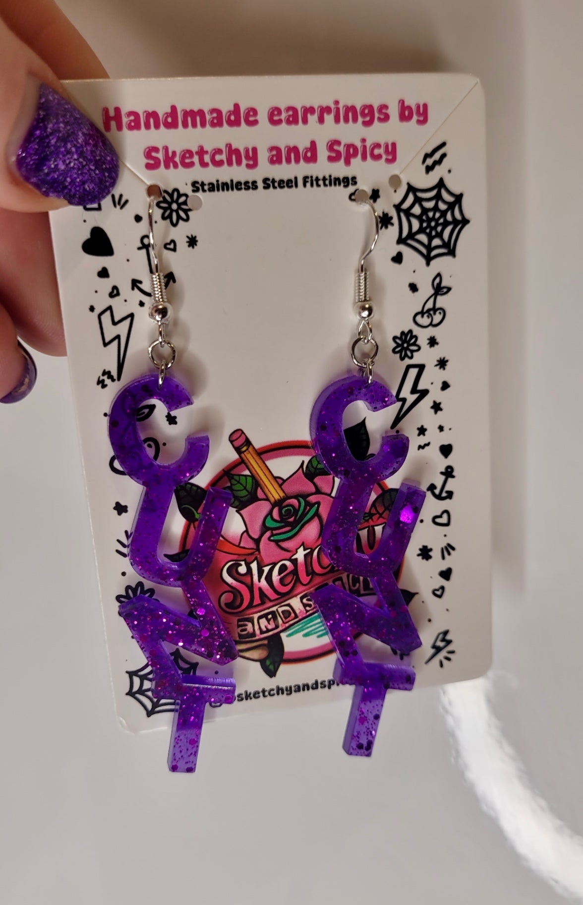 Purple Glitter CUNT earrings - Shepherd Hooks