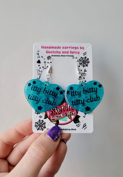 Itty Bitty Titty Club Heart Earrings – Teal Glitter - Shepherd Hooks