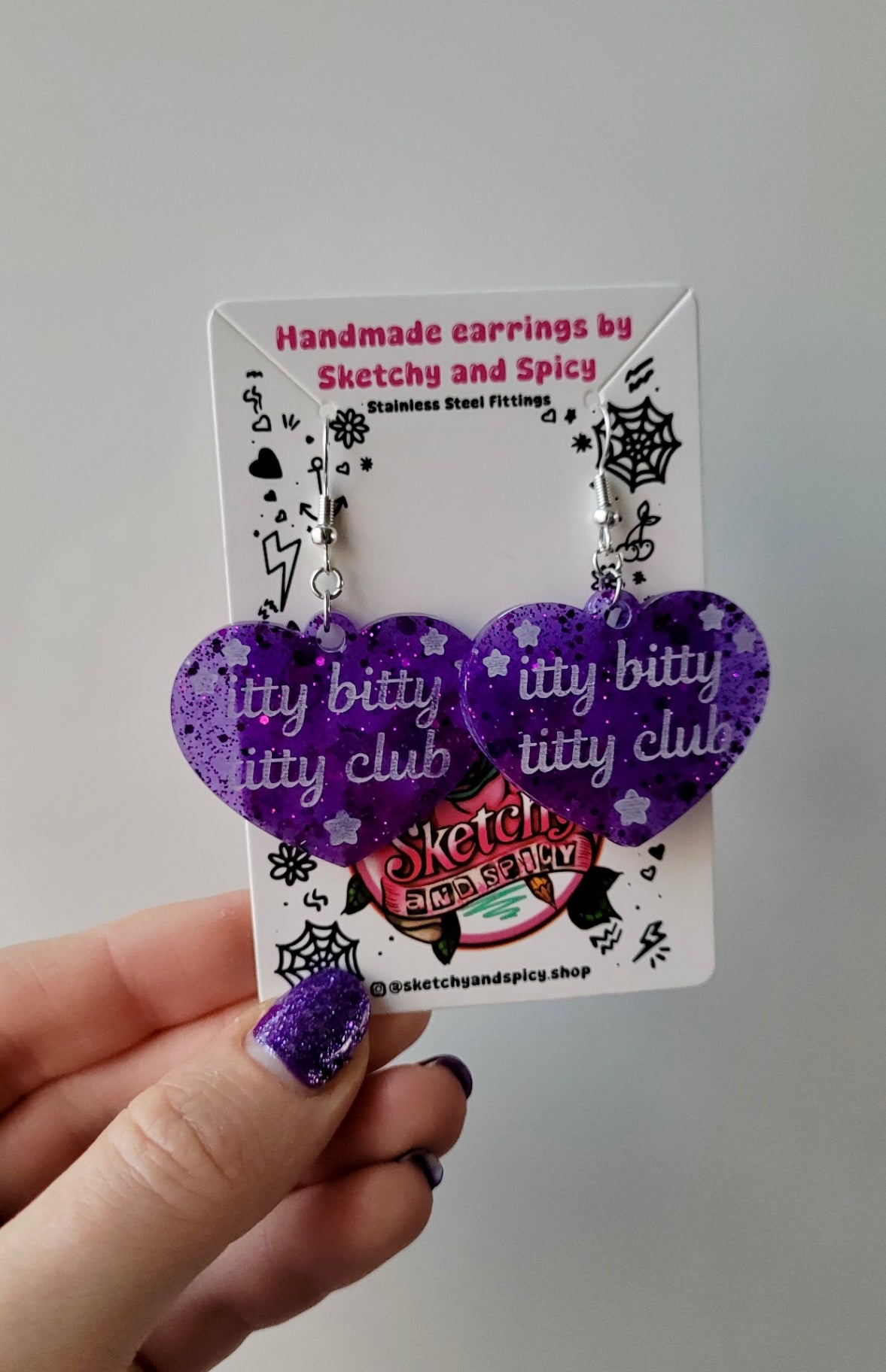 Itty Bitty Titty Club Heart Earrings – Purple Glitter - Shepherd Hooks