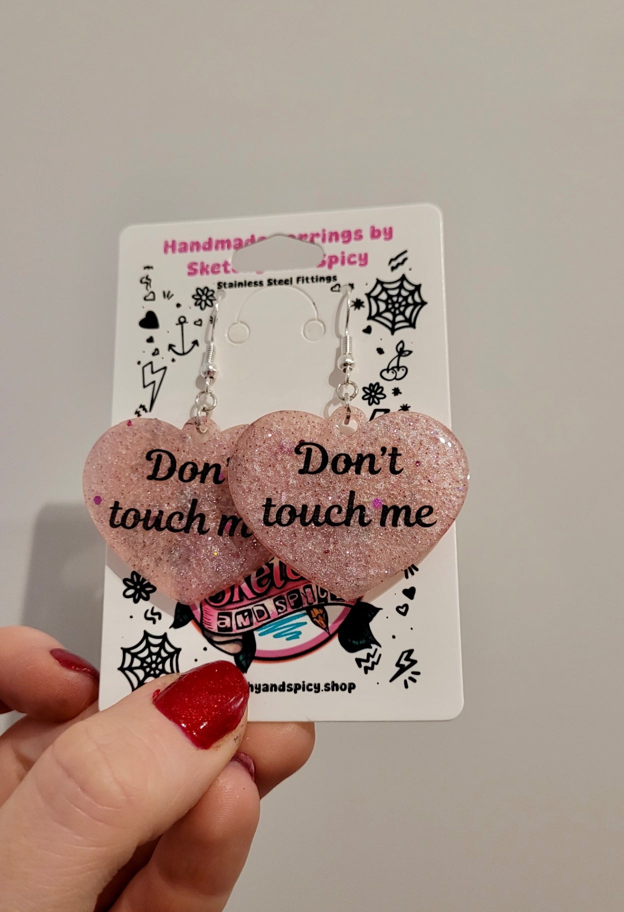 Don’t Touch Me Heart Earrings – Pale Pink Glitter Resin - Shepherd Hooks