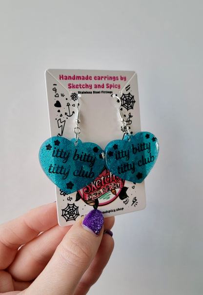 Itty Bitty Titty Club Heart Earrings – Teal Glitter - Shepherd Hooks