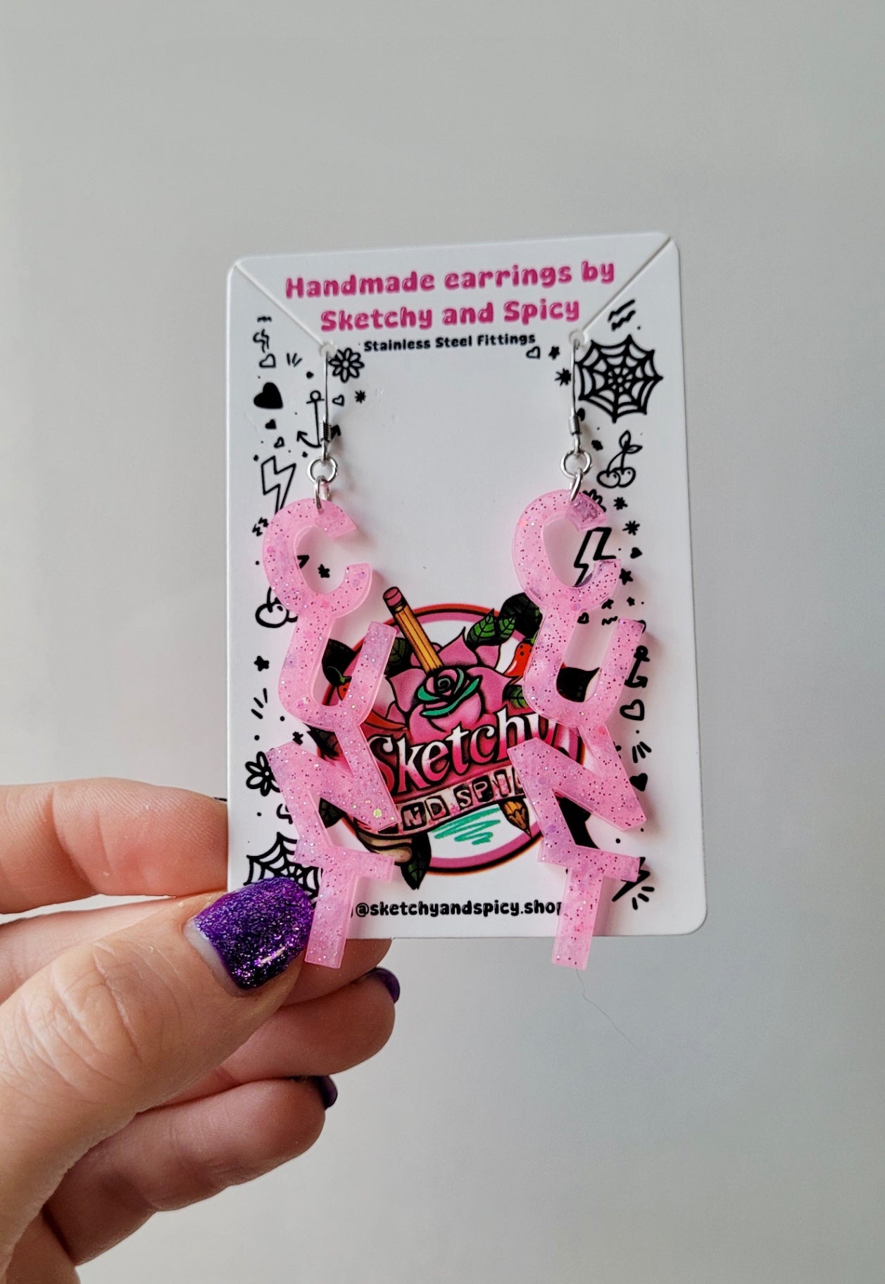 Light Pink Glitter CUNT Resin Earrings - Shepherd Hooks