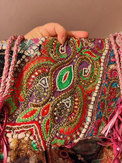 Chilean Boho bag -pink -coins shells tassles