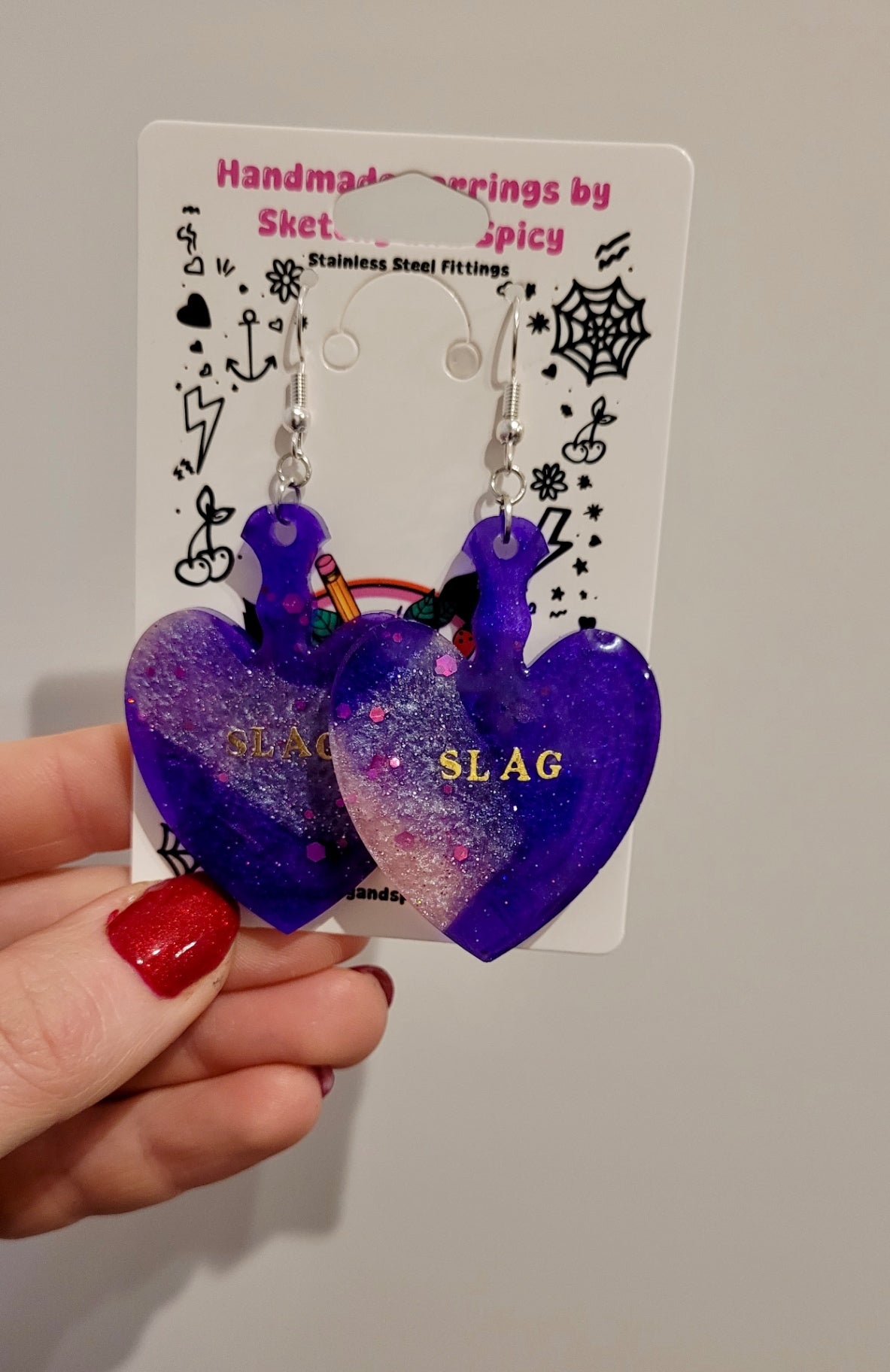 SLAG Resin Heart Paddle Earrings – Purple & Pink Shimmer - Shepherd Hooks