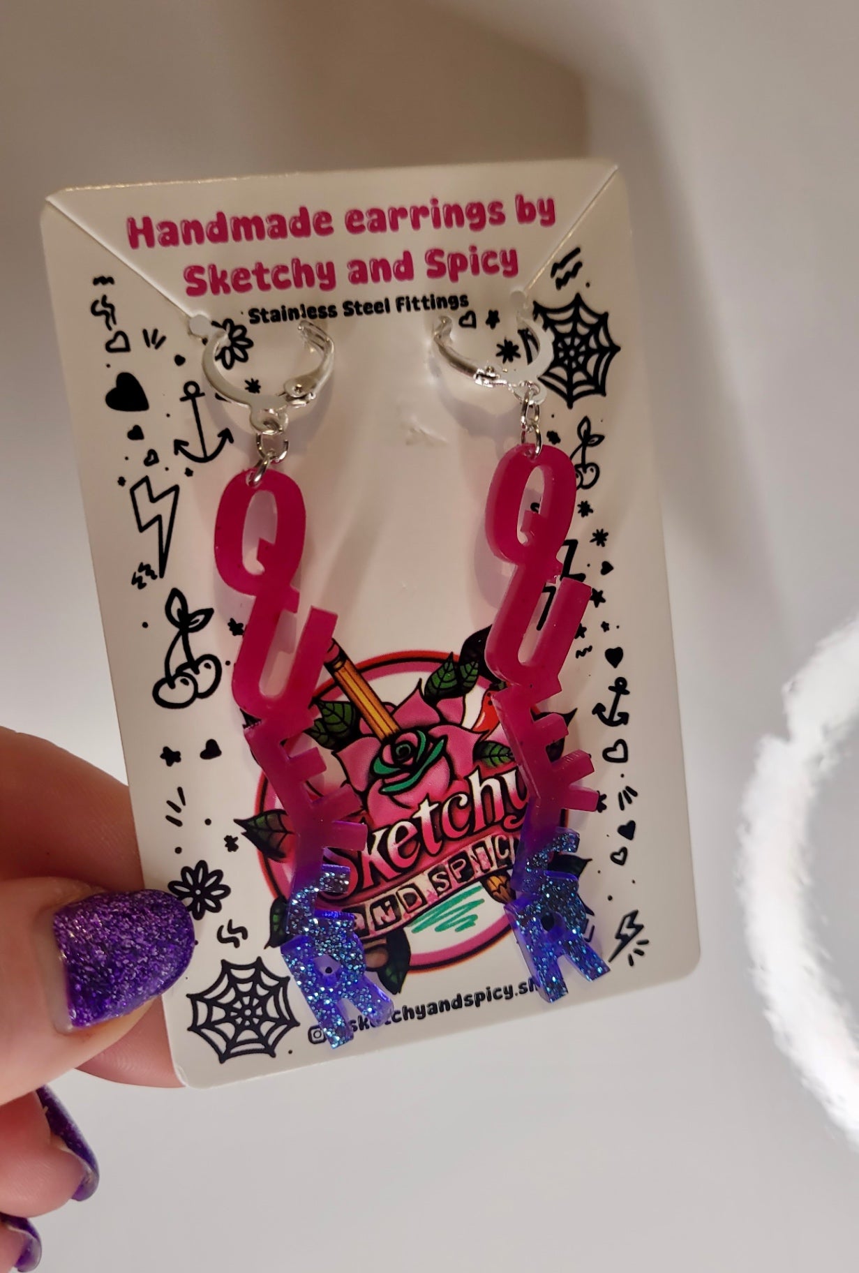 QUEER Statement Letter Resin Earrings – Pink & Blue Glitter