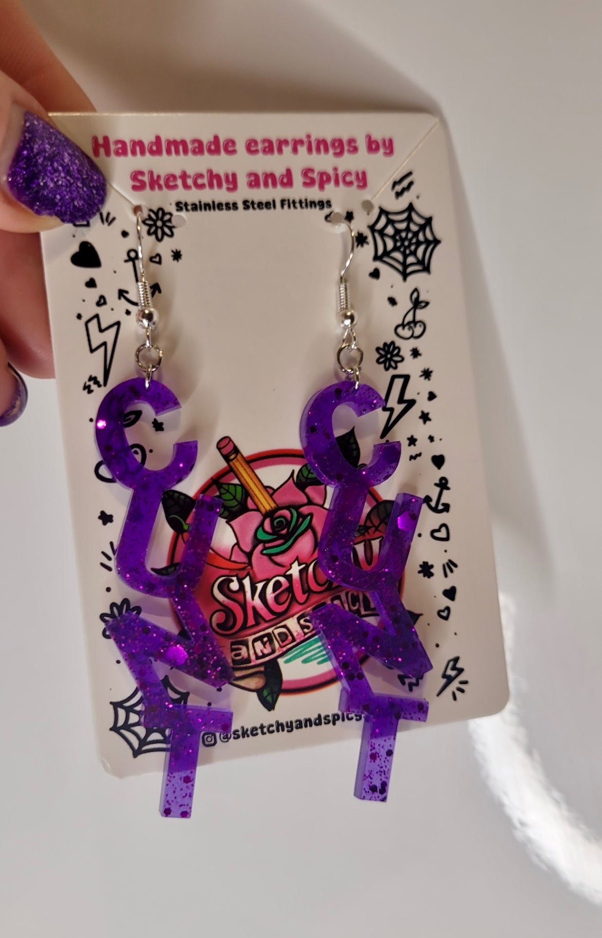 Purple Glitter CUNT earrings - Shepherd Hooks