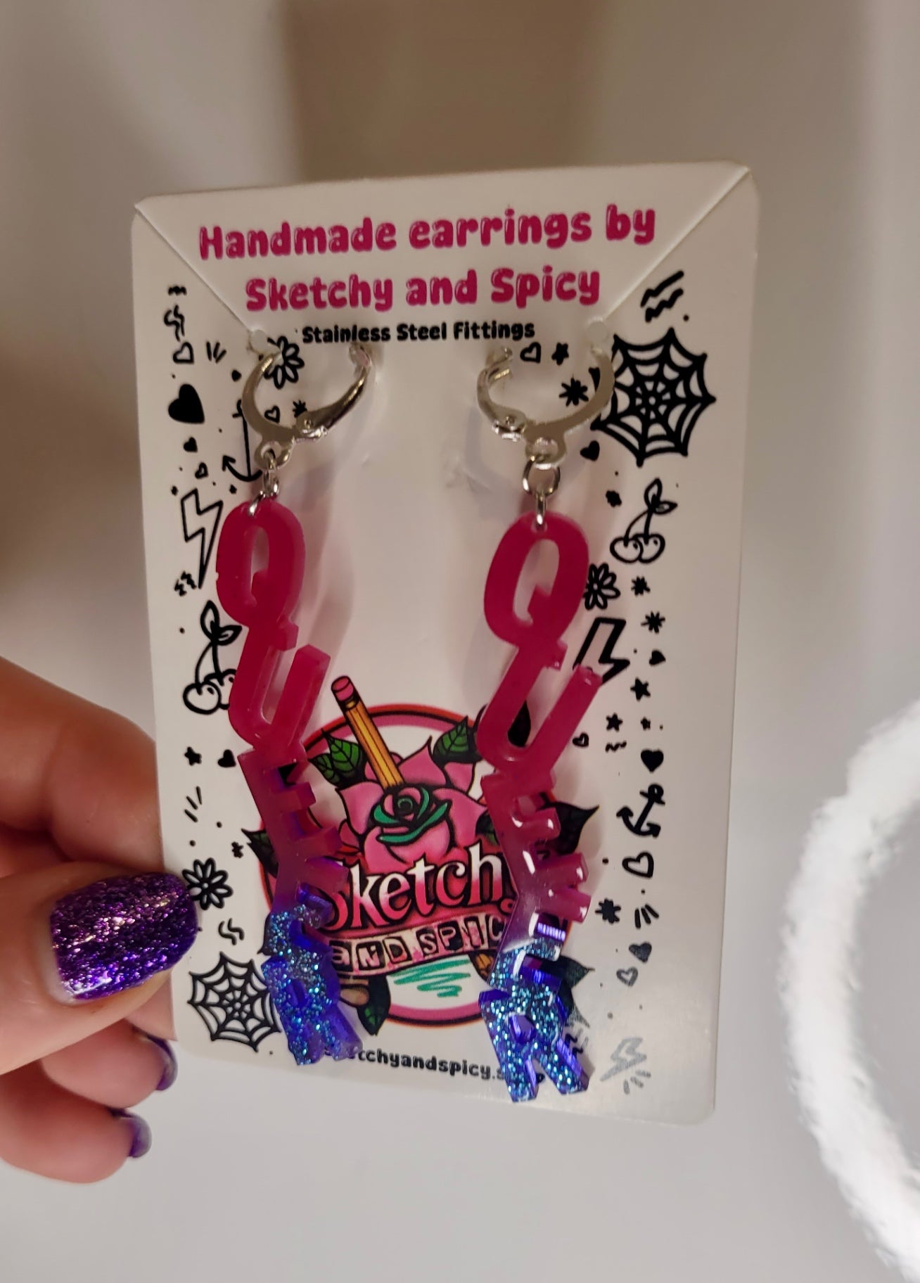 QUEER Statement Letter Resin Earrings – Pink & Blue Glitter