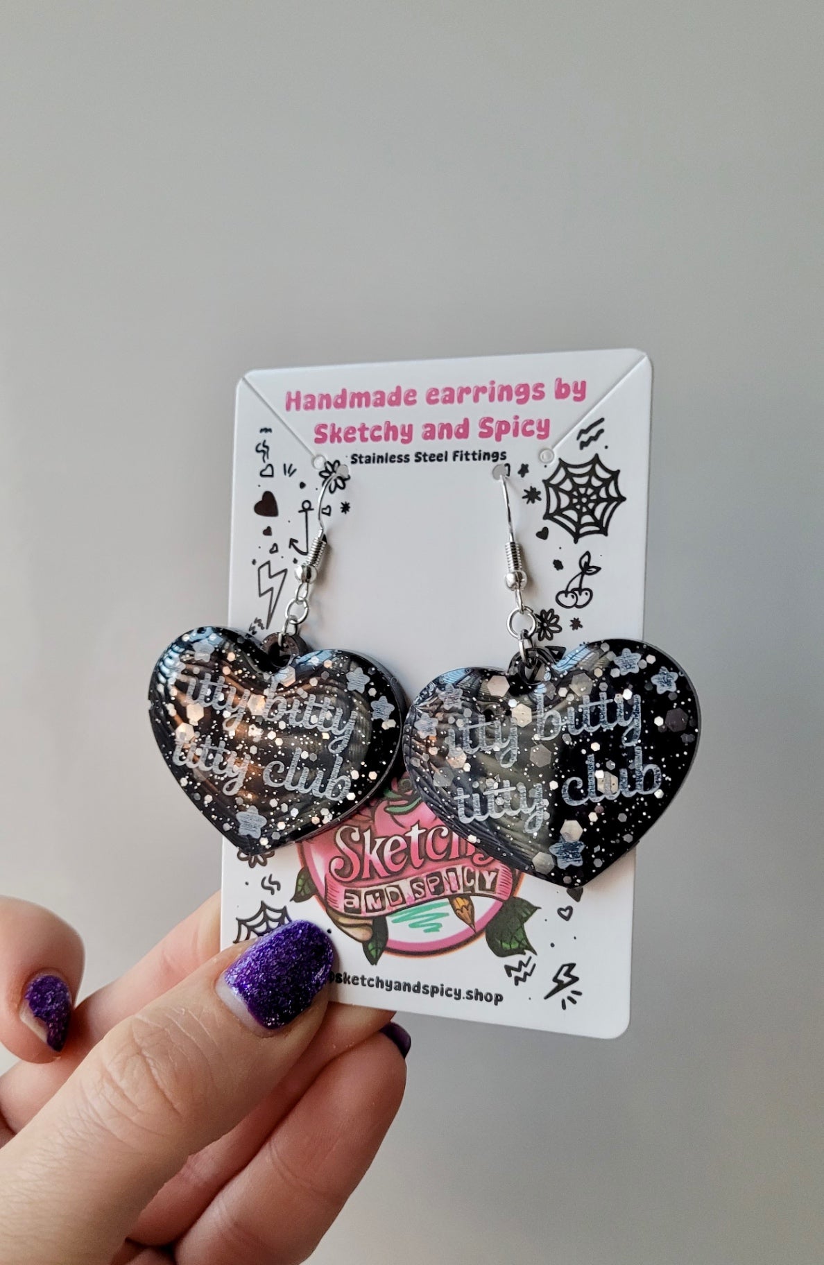 Itty Bitty Titty Club Heart Earrings – Black Glitter - Shepherd Hooks