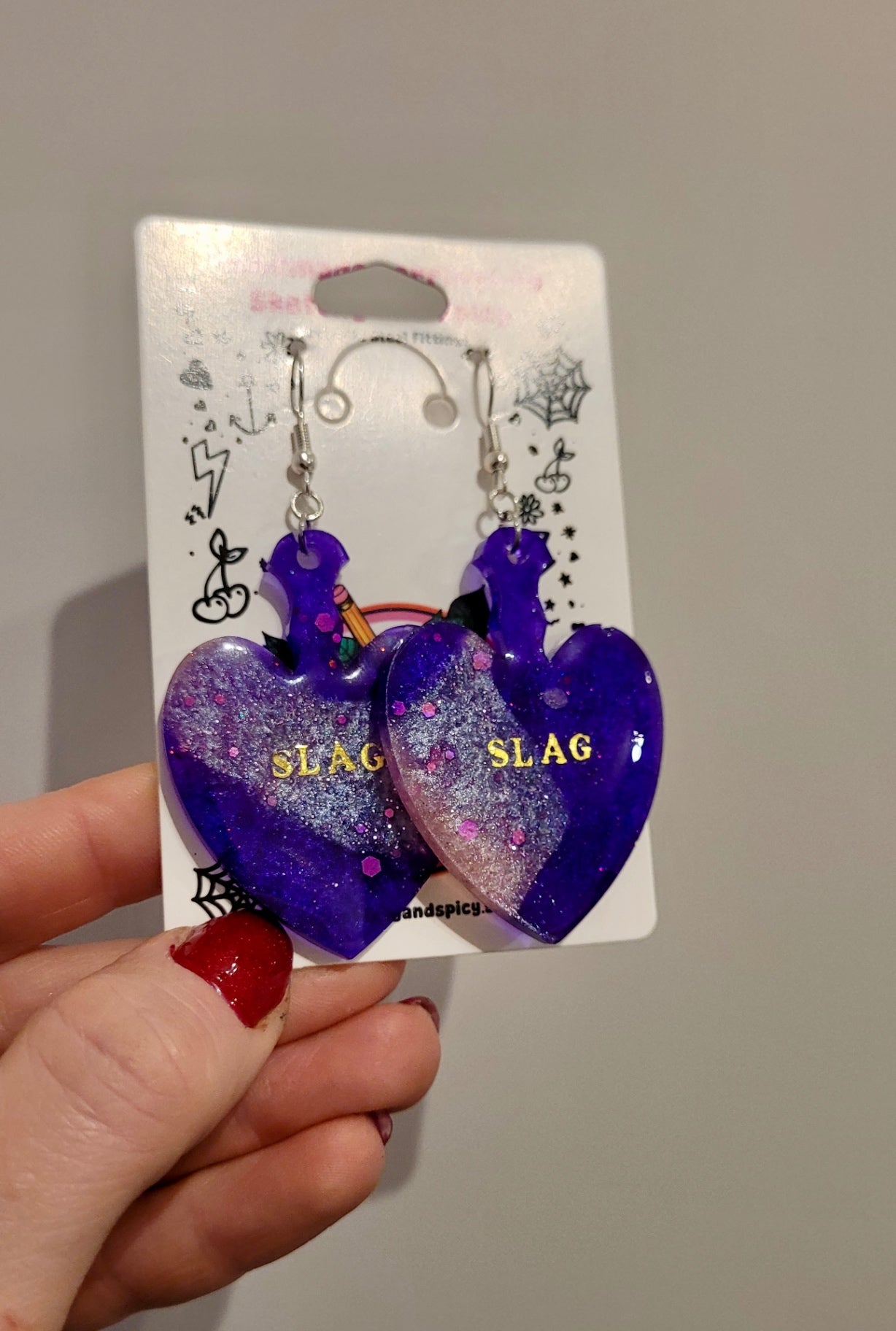 SLAG Resin Heart Paddle Earrings – Purple & Pink Shimmer - Shepherd Hooks