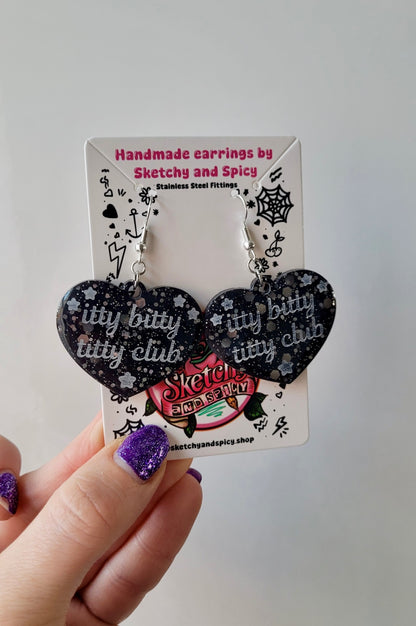 Itty Bitty Titty Club Heart Earrings – Black Glitter - Shepherd Hooks