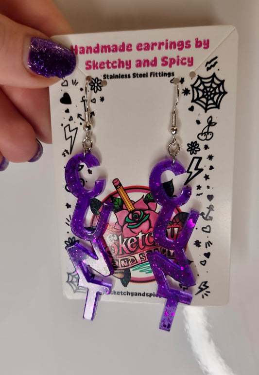 Purple Glitter CUNT earrings - Shepherd Hooks