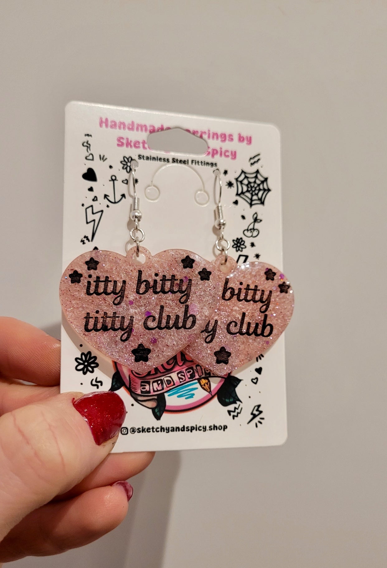 Itty Bitty Titty Club Heart Earrings – Pale Pink Glitter Resin - Shepherd Hooks