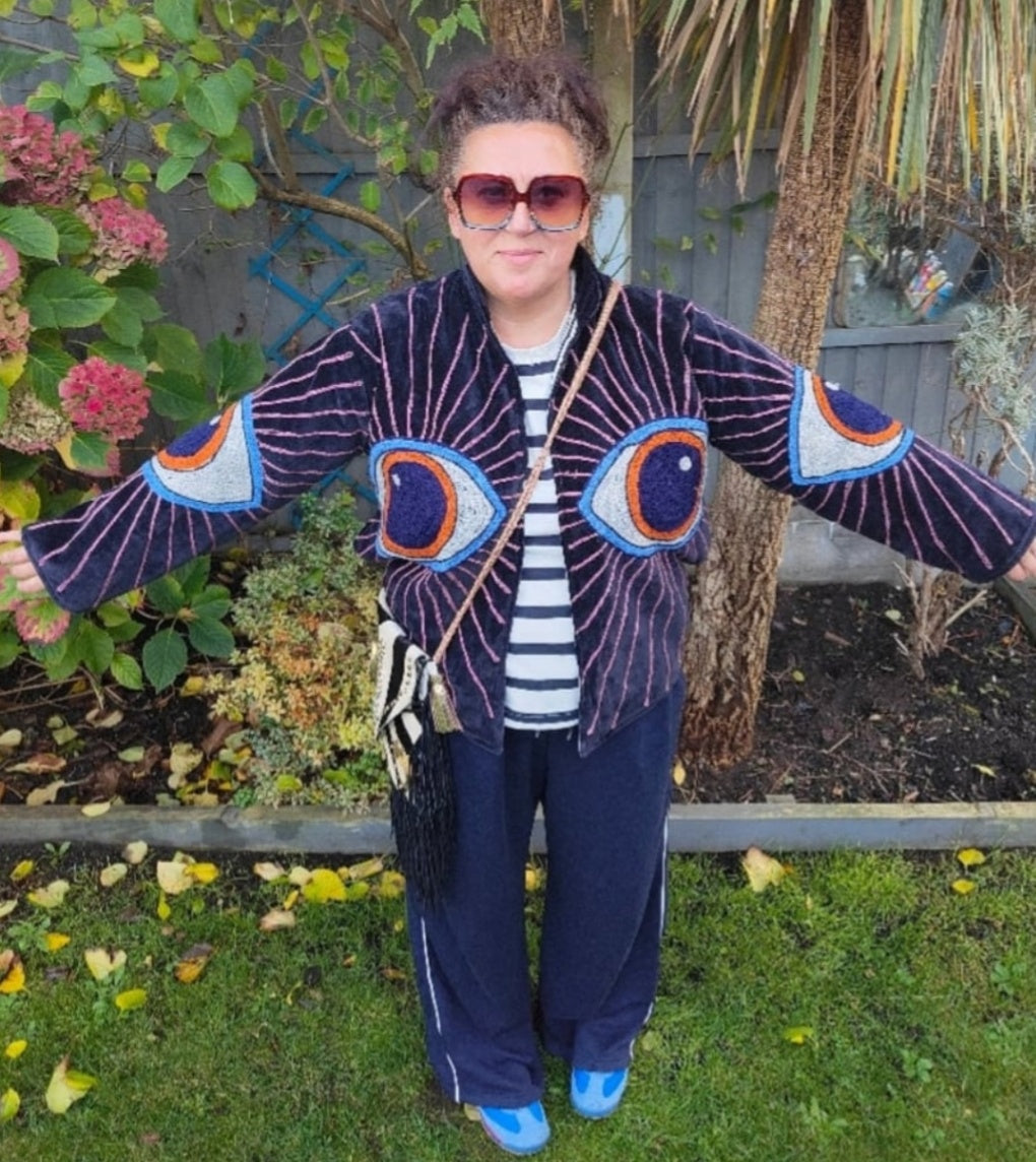 Wanderlust evil eye protection velvet jacket -navy blue 