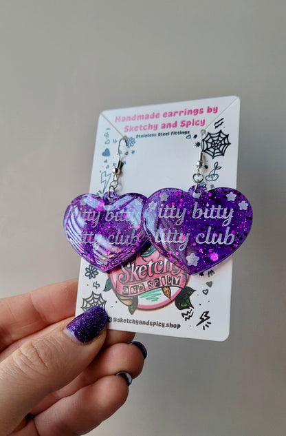 Itty Bitty Titty Club Heart Earrings – Purple Glitter - Shepherd Hooks