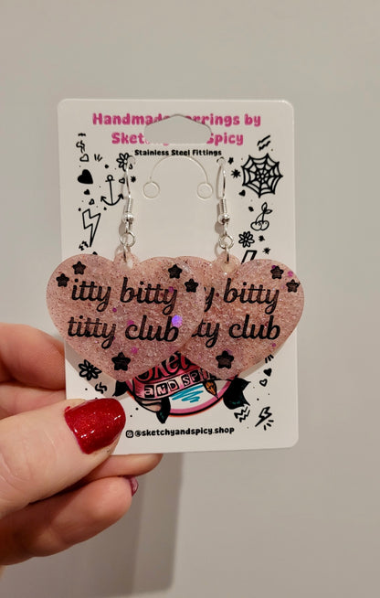Itty Bitty Titty Club Heart Earrings – Pale Pink Glitter Resin - Shepherd Hooks