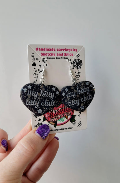 Itty Bitty Titty Club Heart Earrings – Black Glitter - Shepherd Hooks