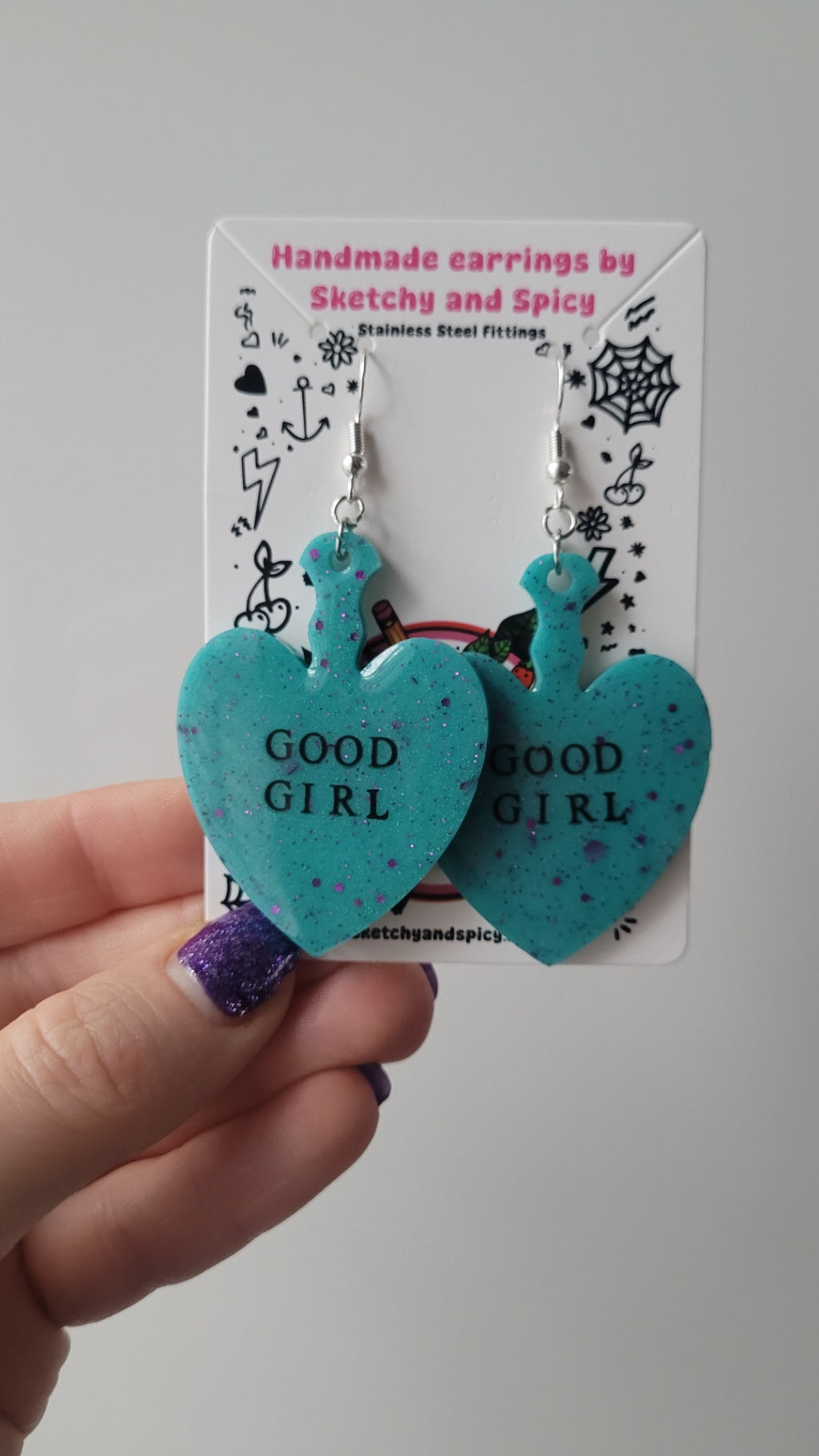 Good Girl Heart Paddle Earrings – Teal Glitter - Shepherd Hooks