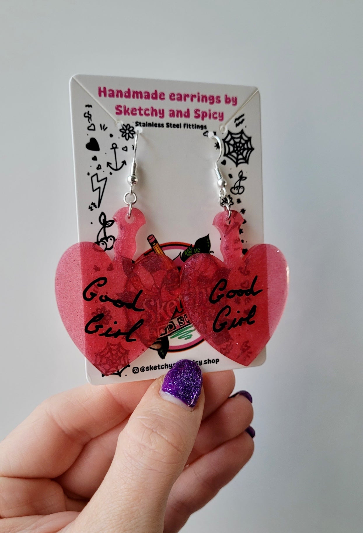Good Girl Heart Paddle Earrings – Dark Pink Resin - Shepherd Hooks