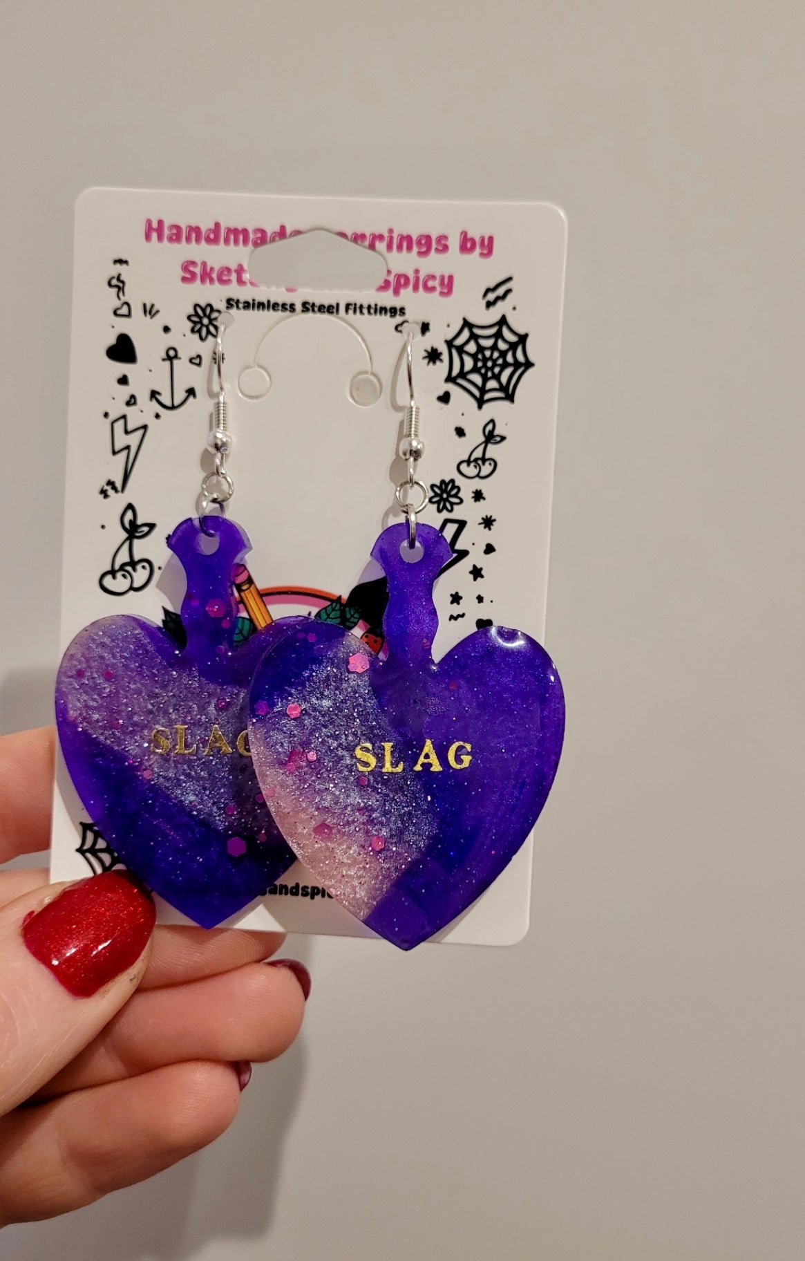 SLAG Resin Heart Paddle Earrings – Purple & Pink Shimmer - Shepherd Hooks