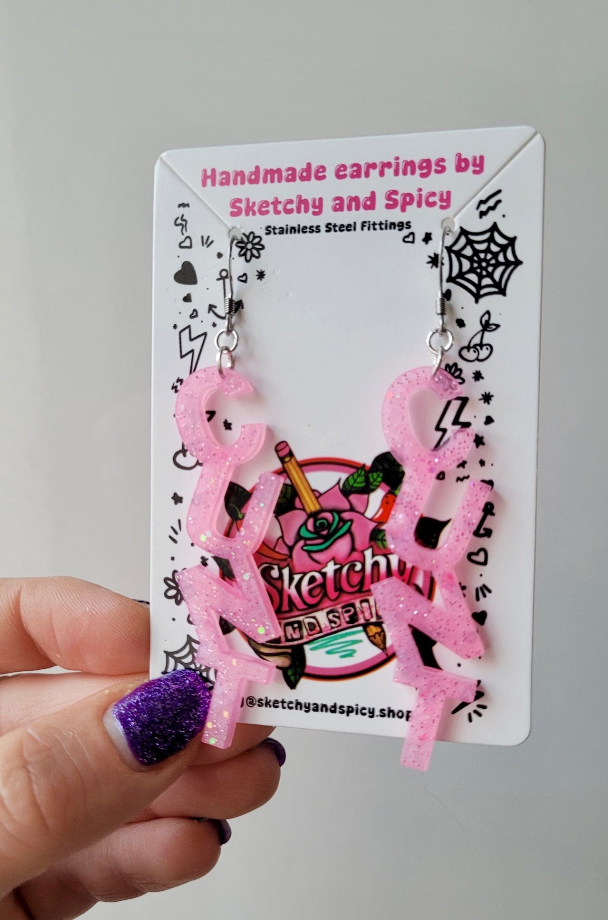 Light Pink Glitter CUNT Resin Earrings - Shepherd Hooks