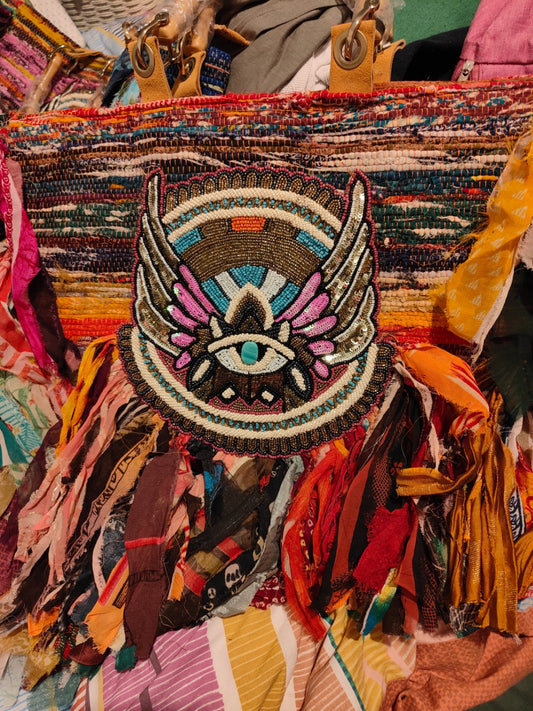 Bamboo handle tote bag - frill sari detailing