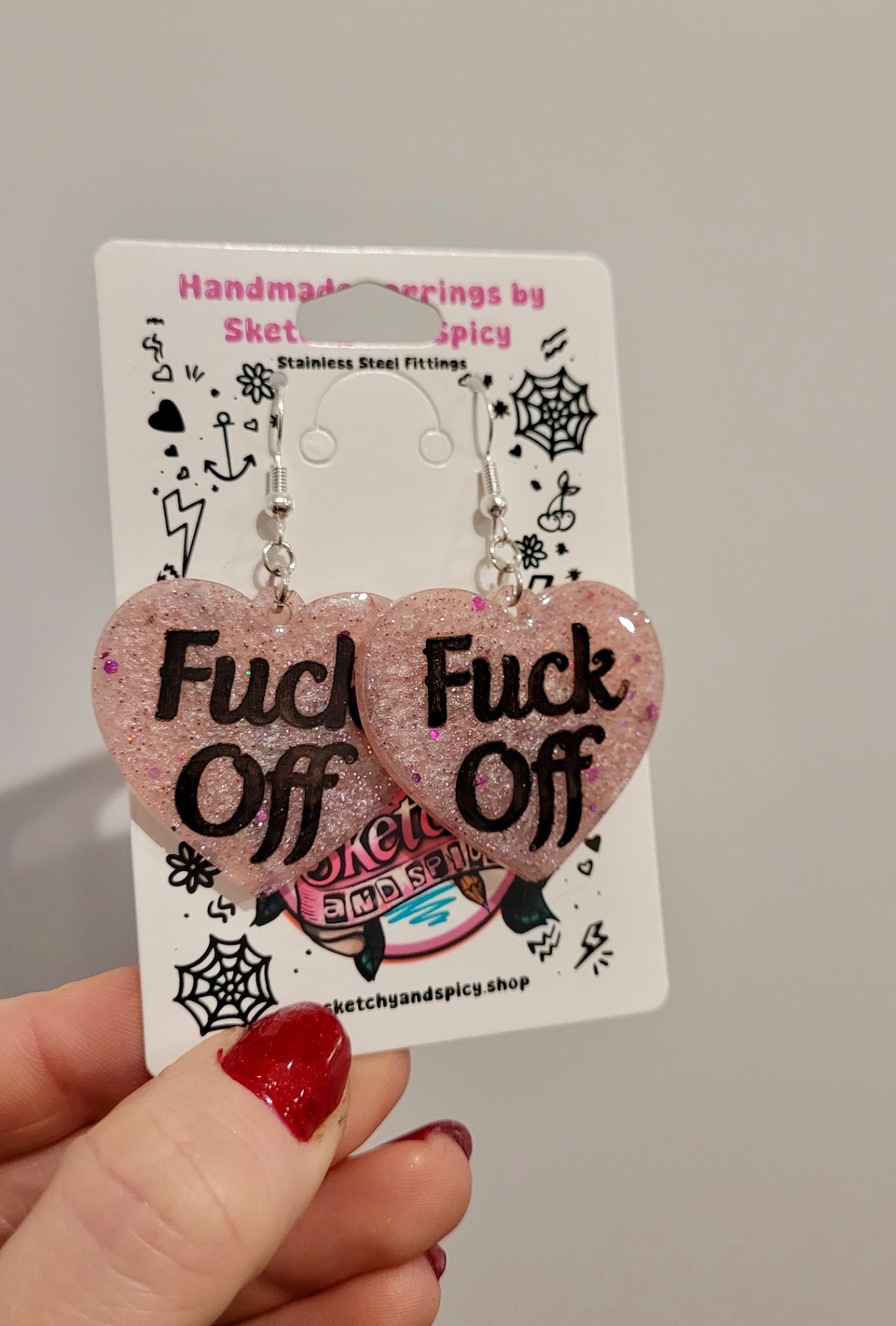 FUCK OFF Pale Pink Glitter Heart Earrings - Shepherd Hooks