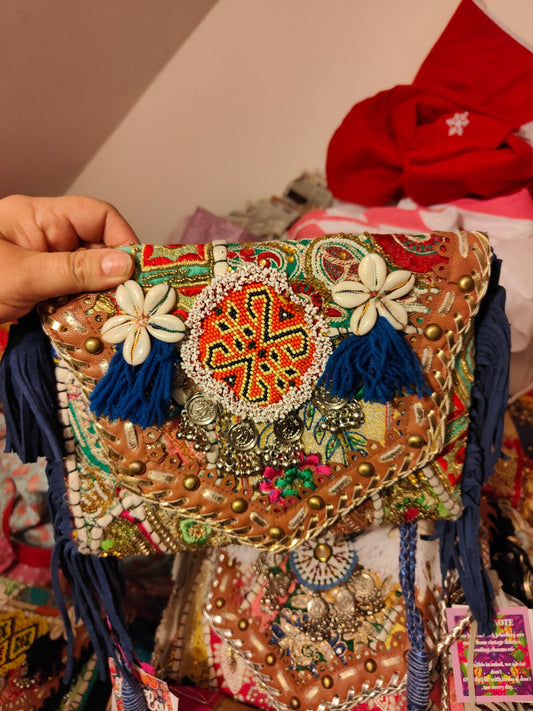 Chilean Boho bag - blue - coins shells tassles 