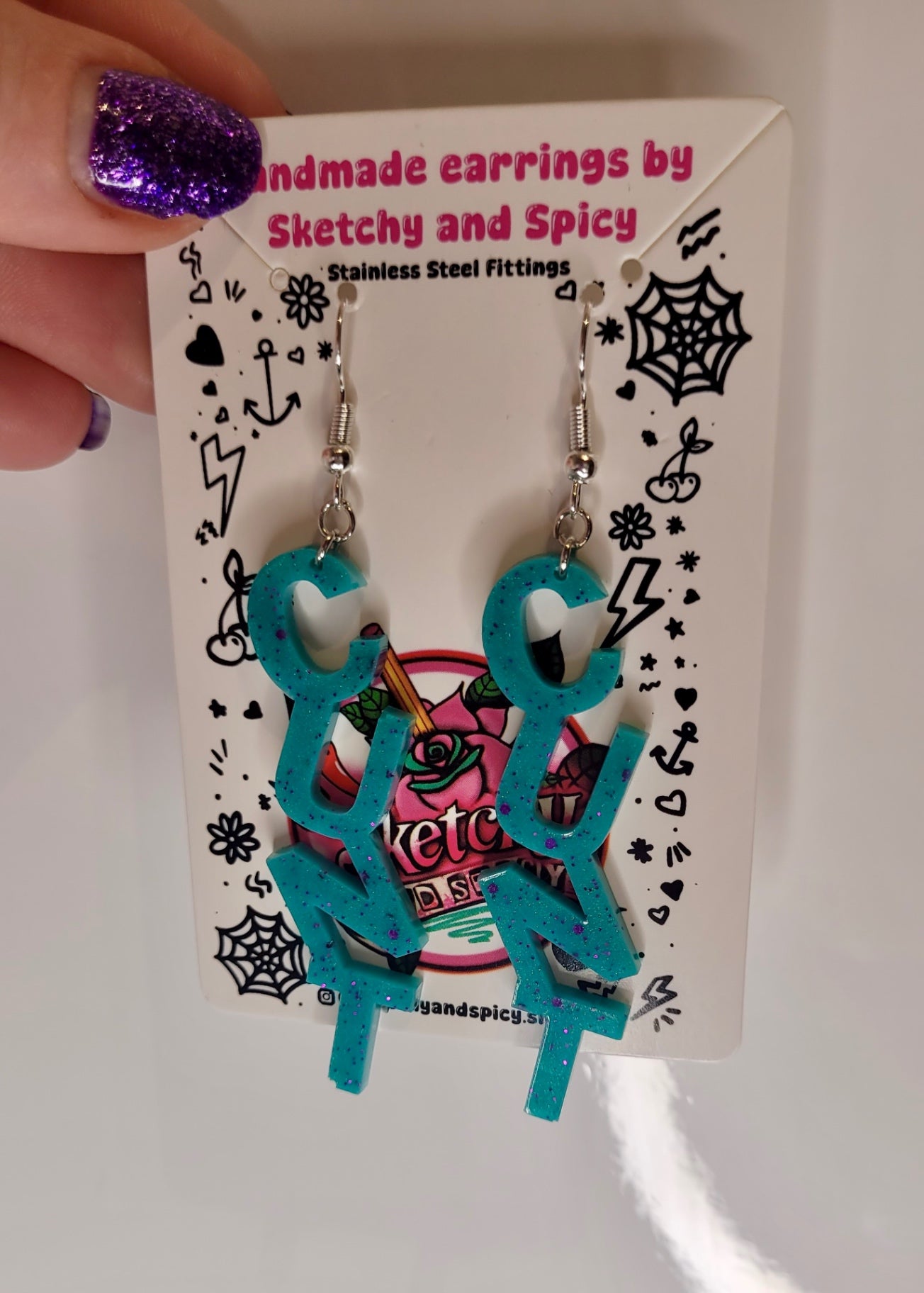 Teal & Purple Glitter CUNT Earrings - Shepherd Hooks