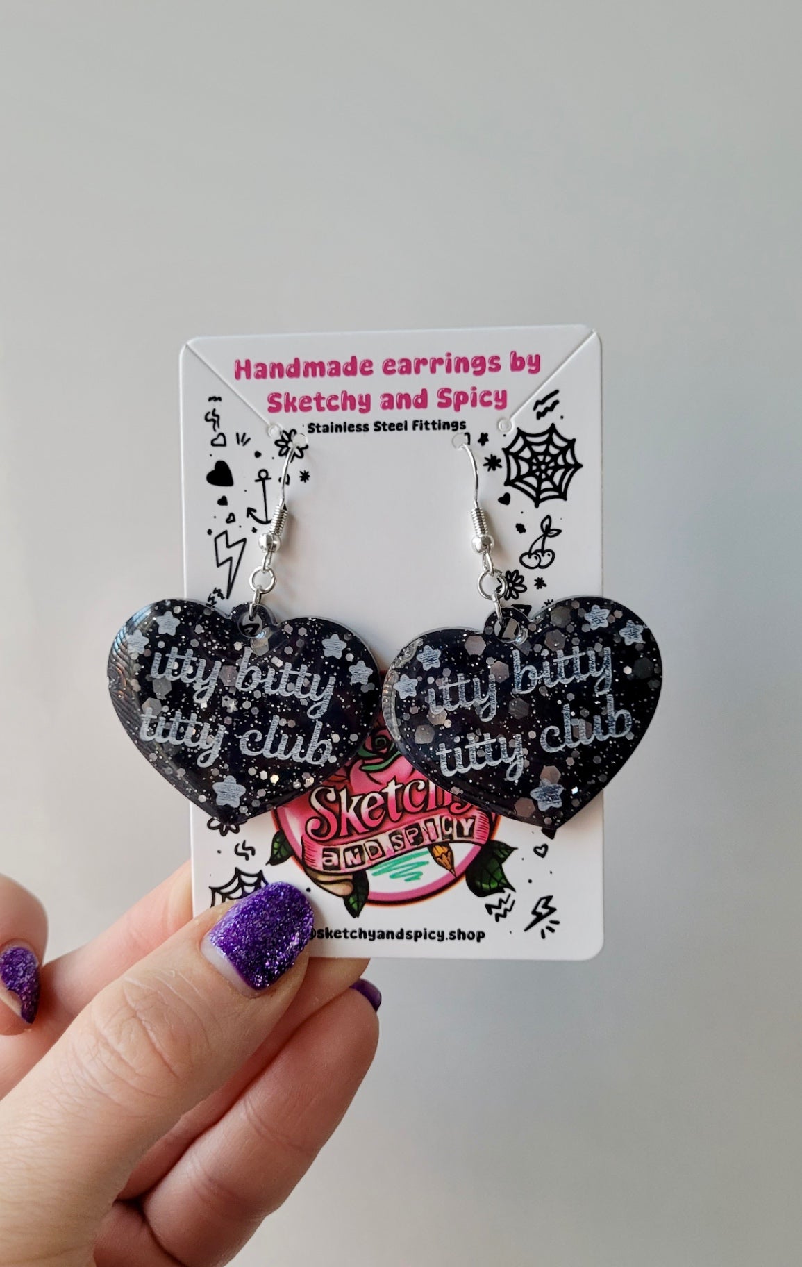 Itty Bitty Titty Club Heart Earrings – Black Glitter - Shepherd Hooks