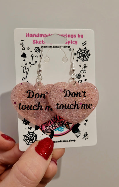 Don’t Touch Me Heart Earrings – Pale Pink Glitter Resin - Shepherd Hooks