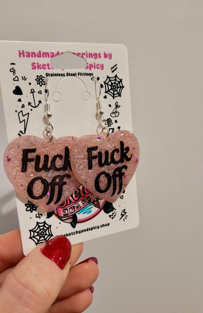 FUCK OFF Pale Pink Glitter Heart Earrings - Shepherd Hooks