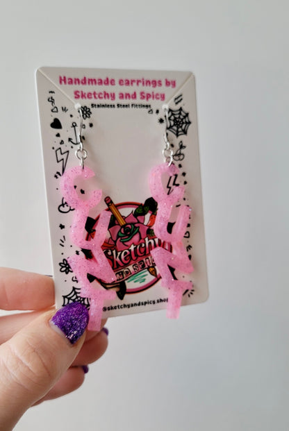 Light Pink Glitter CUNT Resin Earrings - Shepherd Hooks
