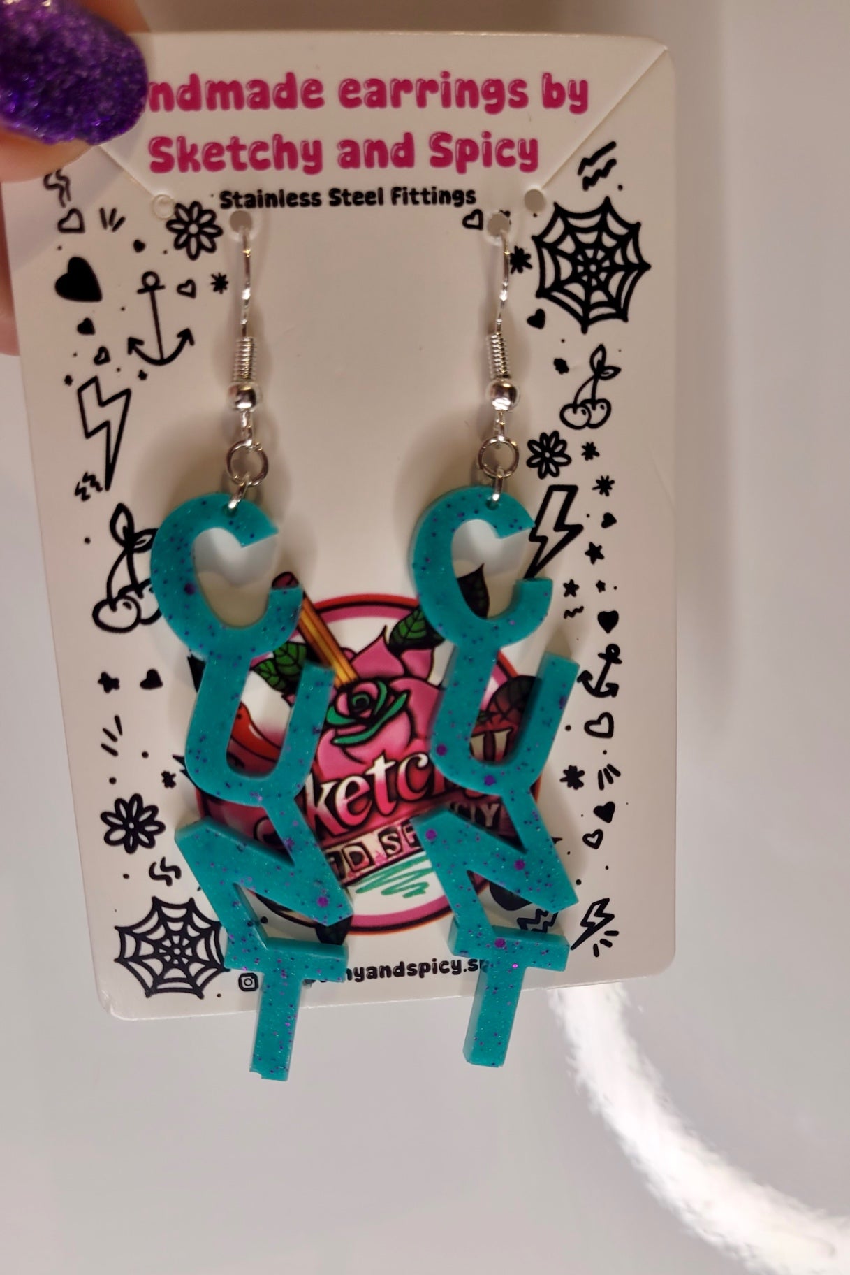Teal & Purple Glitter CUNT Earrings - Shepherd Hooks