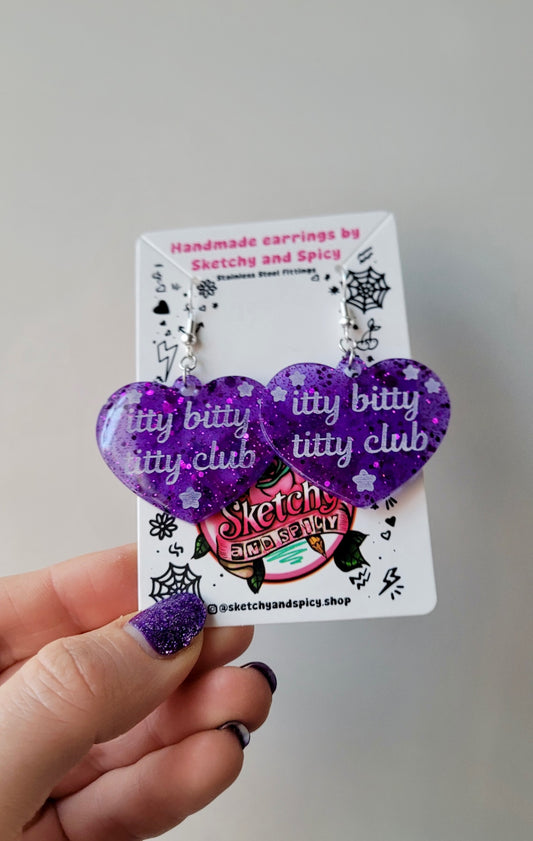 Itty Bitty Titty Club Heart Earrings – Purple Glitter - Shepherd Hooks