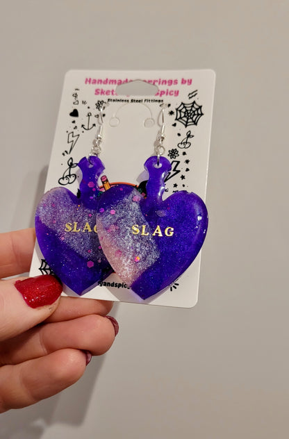 SLAG Resin Heart Paddle Earrings – Purple & Pink Shimmer - Shepherd Hooks
