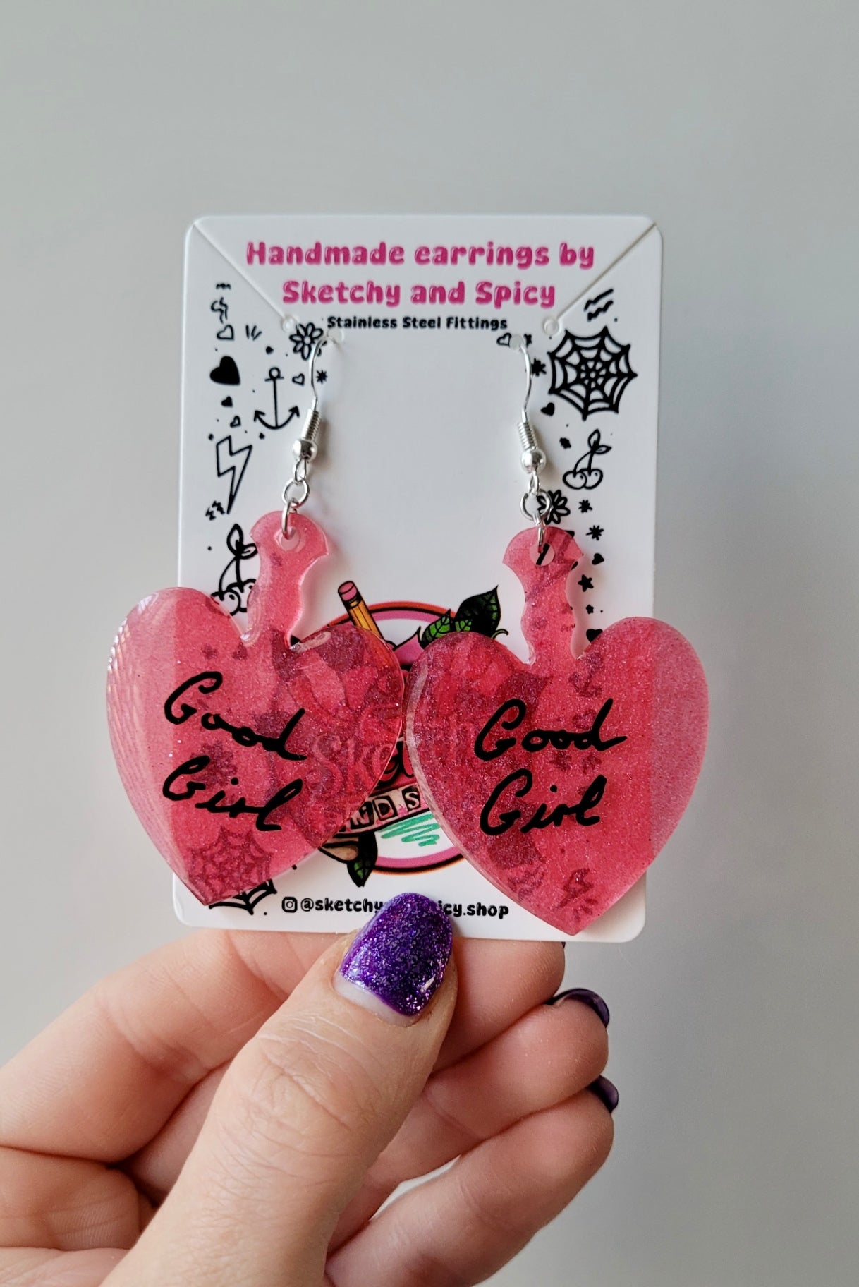 Good Girl Heart Paddle Earrings – Dark Pink Resin - Shepherd Hooks