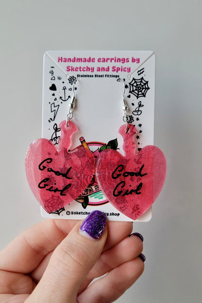 Good Girl Heart Paddle Earrings – Dark Pink Resin - Shepherd Hooks