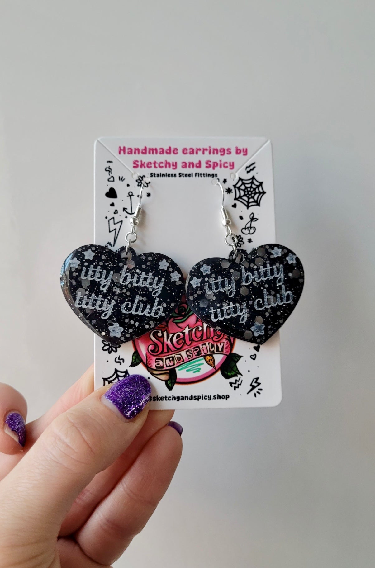 Itty Bitty Titty Club Heart Earrings – Black Glitter - Shepherd Hooks