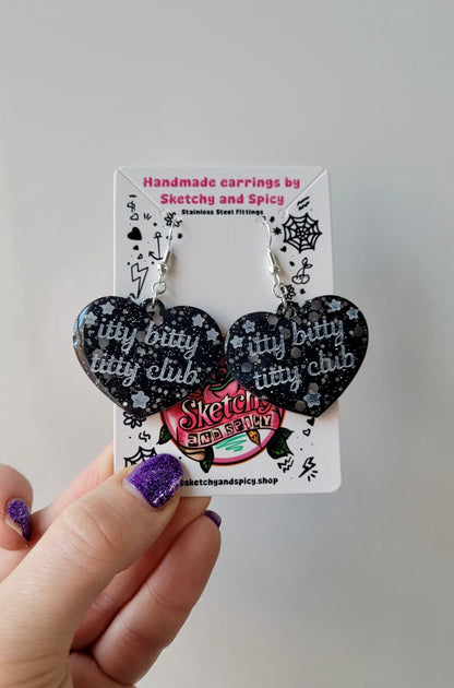 Itty Bitty Titty Club Heart Earrings – Black Glitter - Shepherd Hooks