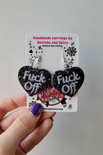 Fuck Off Black Glitter Heart Earrings with Shepherd Hooks
