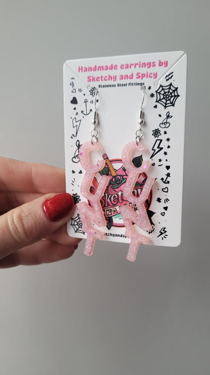 CUNT Pale Pink Glitter Resin Earrings - Shepherd Hooks