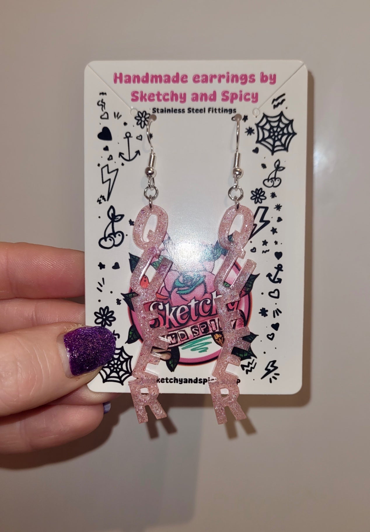 QUEER Letter Resin Earrings – Pale Pink Glitter