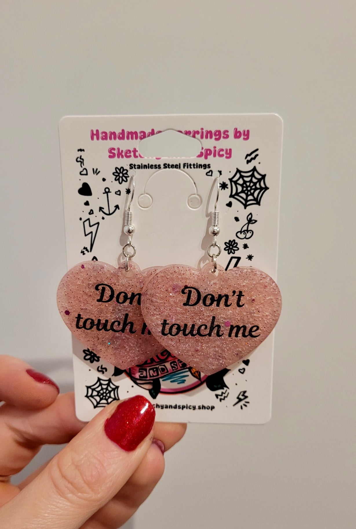 Don’t Touch Me Heart Earrings – Pale Pink Glitter Resin - Shepherd Hooks