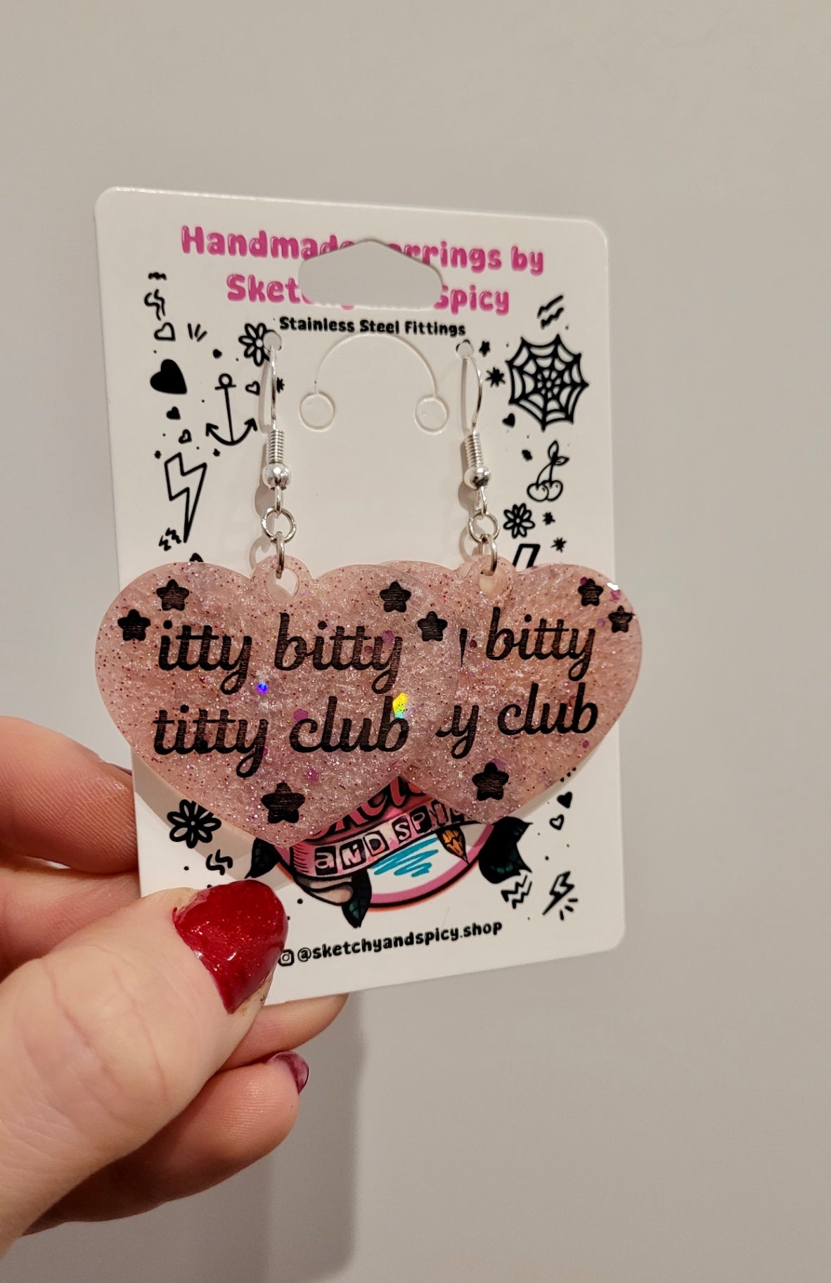 Itty Bitty Titty Club Heart Earrings – Pale Pink Glitter Resin - Shepherd Hooks