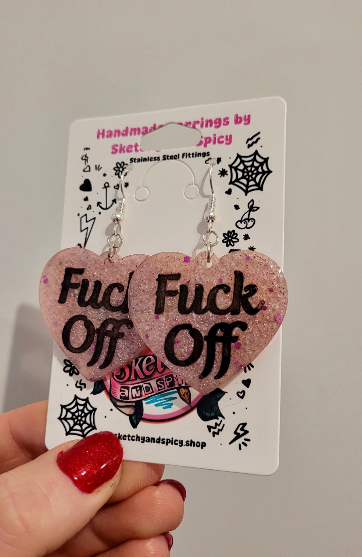 FUCK OFF Pale Pink Glitter Heart Earrings - Shepherd Hooks