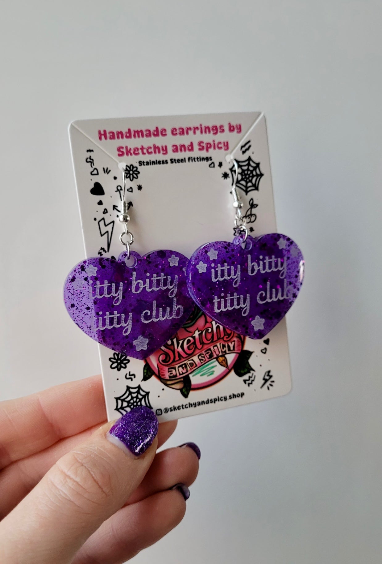Itty Bitty Titty Club Heart Earrings – Purple Glitter - Shepherd Hooks