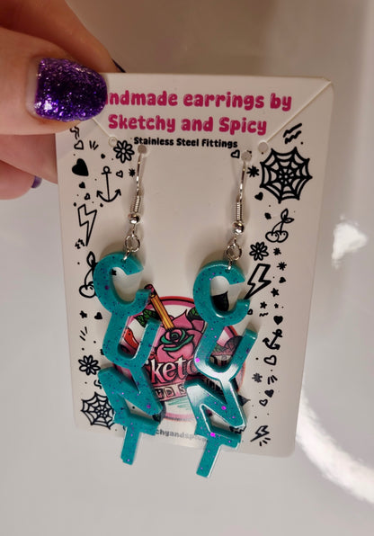 Teal & Purple Glitter CUNT Earrings - Shepherd Hooks
