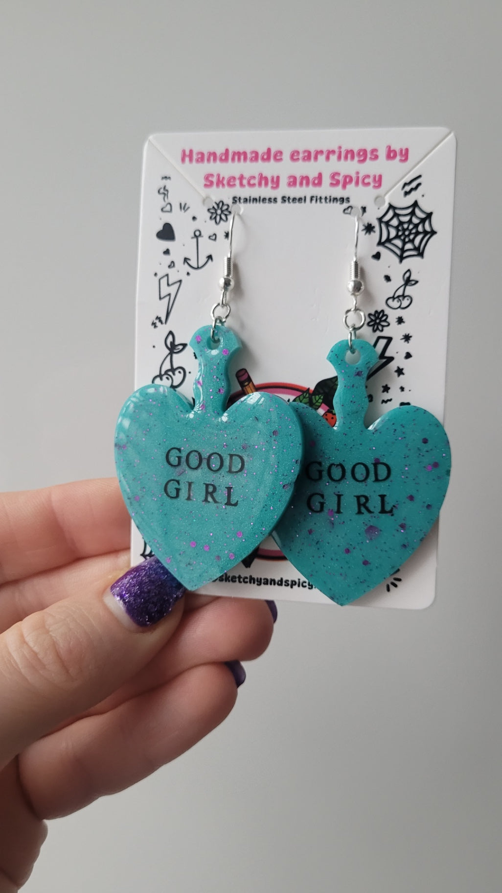 Good Girl Heart Paddle Earrings – Teal Glitter - Shepherd Hooks