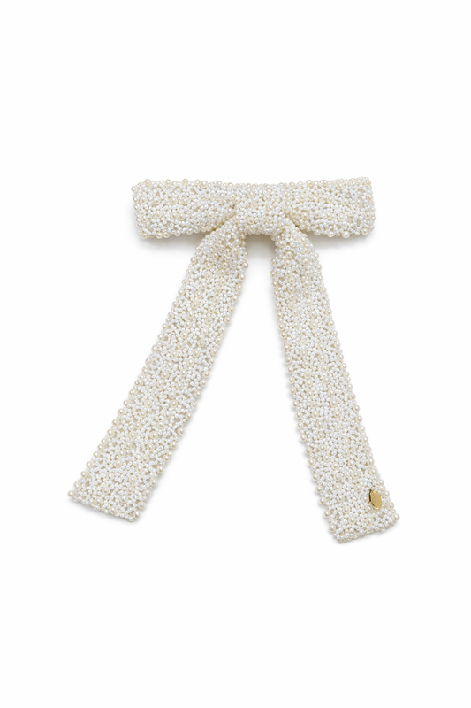 White Beaded Detail Hair Bow Clip